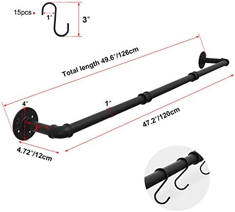 TLBTEK 50 inch Black Pipe Pot Bar Rack Wall Mounted Detachable Pans Hanging Rail Kitchen Lids Utensils Hanger Holders with 15 S Hooks