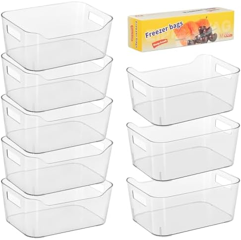 Heyuzb 8 Pack Plastic Organizer Bins and 20 Pcs Freezer Bags Multi-Use