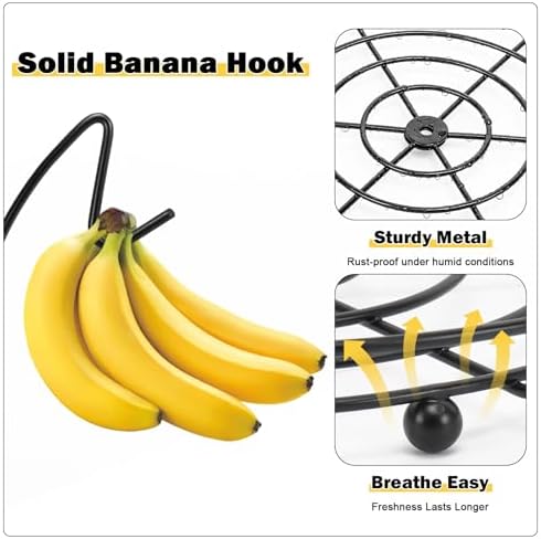 2 Tier Fruit Bowl, Stackable Fruit Basket-Vegetable Holder, Large Capacity Thick Metal Wire Basket with Banana Hanger, Kitchen Countertop Fruit Veggies Storage, Black