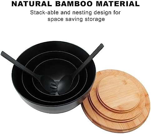 ECOWAY Salad Bowls Set of 3 with Lid & Serving Utensils, Bamboo Fiber Mixing Bowls Set Large Serving Bowls & Storage Set with Bamboo Lid for Salad, Kitchen Eating, Pasta, Popcorn, Chips, Fruit, Black