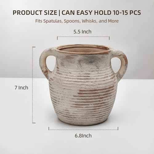 Rustic Utensil Holder for Kitchen Counter - Ceramic Farmhouse Cooking Utensil Crock & Organizer for Spatula, Spoon - Vintage Kitchen Decor (Taupe)