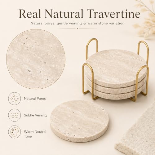 Travertine Coasters with Gold Holder, Set of 4 Natural Stone, Cork