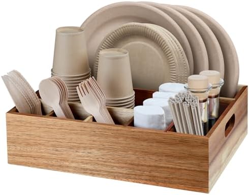 Acacia Wood Utensil Holder Paper Plate Organizer for Party