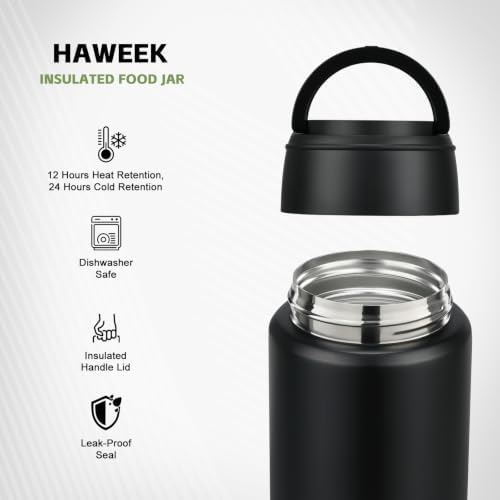 16oz Insulated Food Jar with Spoon, Stainless Steel, Black