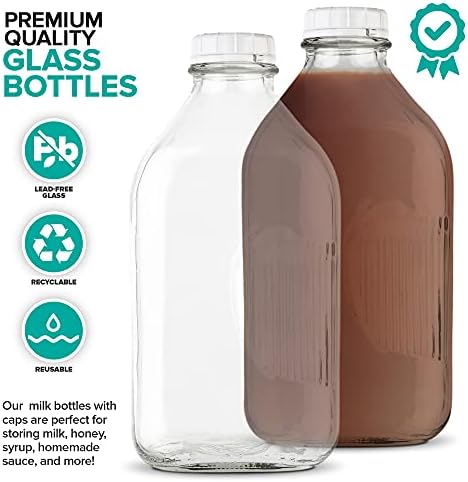 Stock Your Home Half Gallon Glass Milk Bottle with Lid (4 Pack) 64 Oz