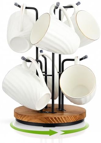 Rotating Large Mug Tree for Counter, Coffee Mug Holder, 6 Hooks