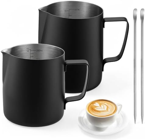 2 Pack 12oz & 20oz Matte Black Milk Frothing Pitcher Set With Latte