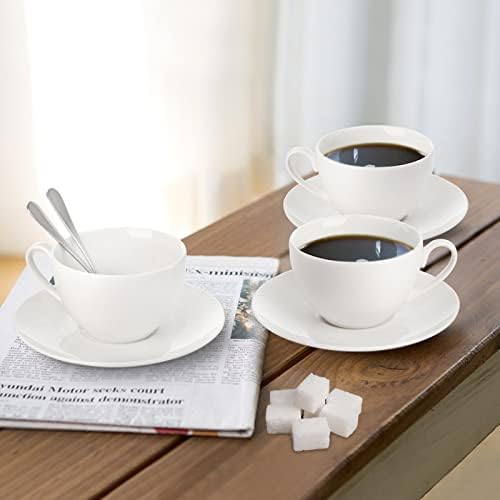 Foraineam Espresso Cups with Saucers and Spoons, 6 oz White Tea Cup
