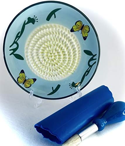 BonCera, Ceramic Garlic Grater Plate 4-Piece Set - Blue Butterfly