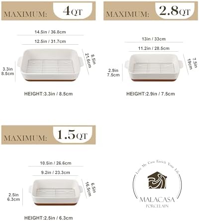 MALACASA Casserole Dishes for Oven with Roasting Racks, Ceramic Baking