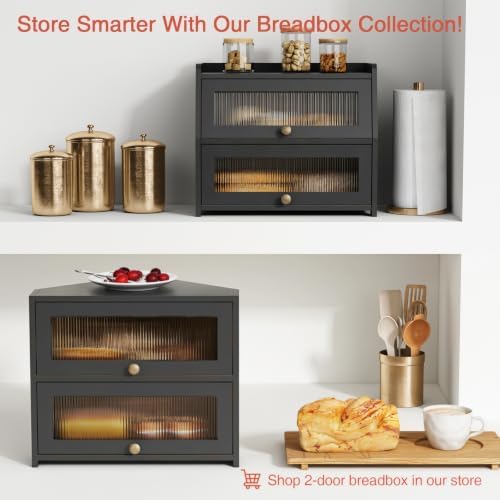 Goozii Corner Bread Box for Kitchen Countertop, Double Layer Large Breadbox for Counter Top, 2 Tier Roll Up Vintage Farmhouse Homemade Bread Storage Container Holder Keeper for Cabinet (Black)