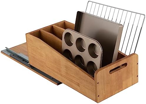 DINDON Pull Out Cabinet Organizer for Pans, Cookie Sheet, Bakeware, Cutting Board, Slide Out Kitchen Cabinet Storage Organizer Rack, 10.5''W X 21"D X 7.5"H, Wood