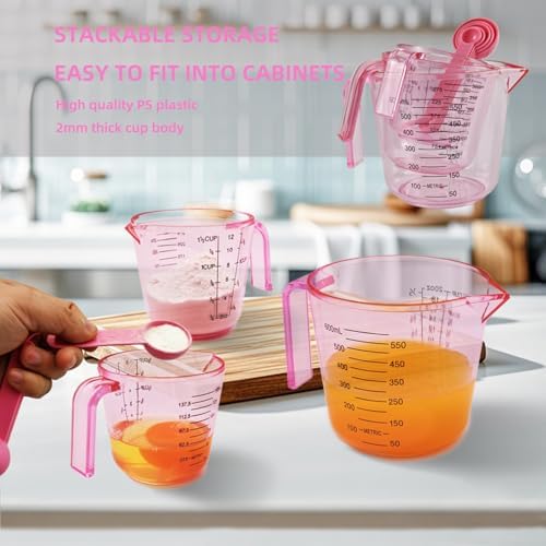 Pink Plastic Measuring cup Measuring spoon Set: 3 Stackable Liquid