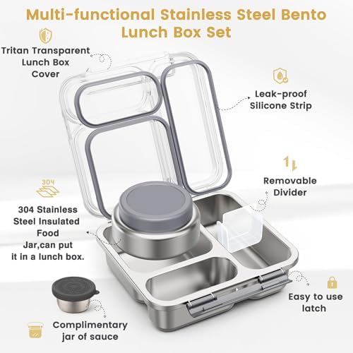 Stainless Steel Bento Box Kids Adult with 7oz Soup Thermo, Transparent