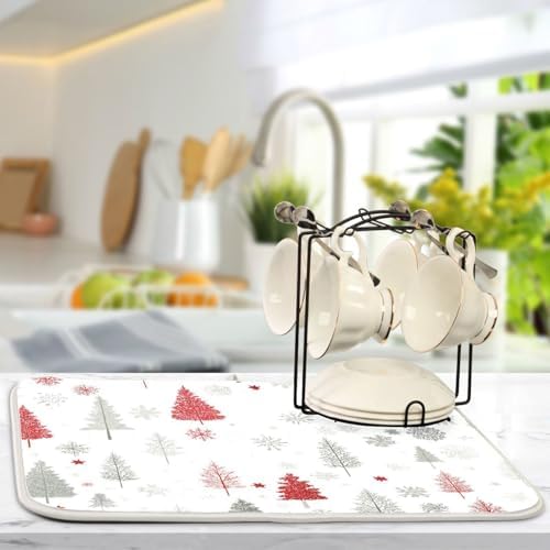 OTVEE Modern Tree Forest Decor Dish Drying Mat for Kitchen Counter