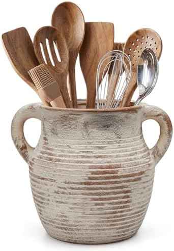 Rustic Utensil Holder for Kitchen Counter - Ceramic Farmhouse Cooking Utensil Crock & Organizer for Spatula, Spoon - Vintage Kitchen Decor (Taupe)