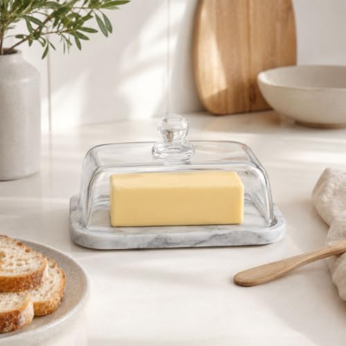 Marble Butter Dish with Glass Lid, Large Butter Dish for Countertop