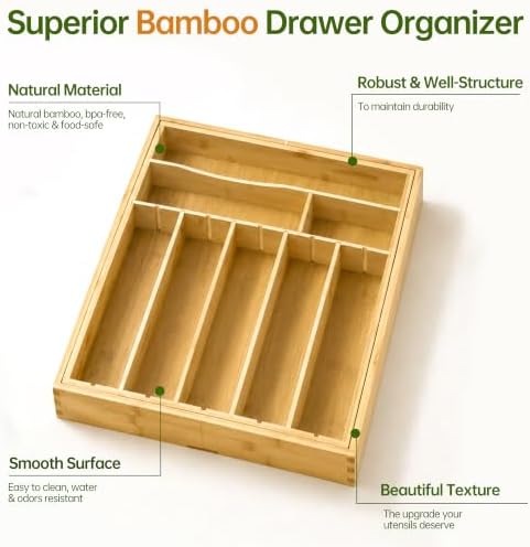 Bamboo Expandable Silverware Drawer Organizer, Removable Knife Block