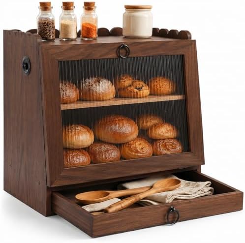 Bread Box for Kitchen Scalloped Countertop Wooden Double Layer Bread