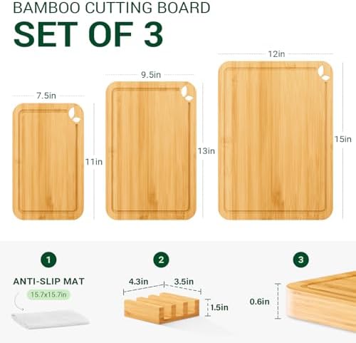 Bamboo Cutting Boards for Kitchen, Wooden Cutting Boards Set with