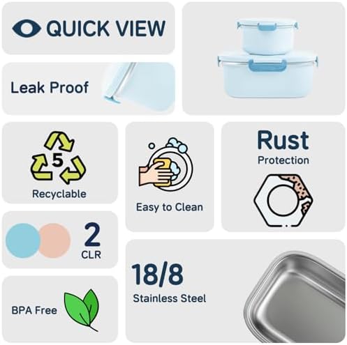 304 Stainless Steel Bento Lunch Box Set with Insulated Bag, Blue