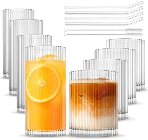 INSETLAN Set of 8 Vintage Glassware - 4 Highball Glasses 12 oz, 4