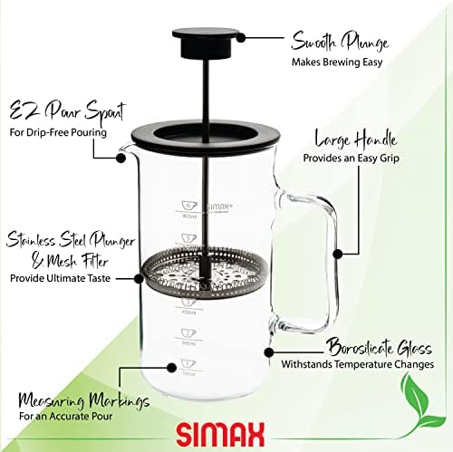 SIMAX French Press Coffee Maker, 1 Liter, Borosilicate Glass