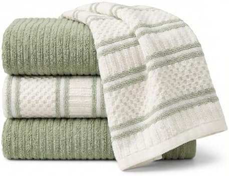 Kitchen Towels, Cotton Hand Towels, Sage Green and Cream Ribbed - Mini