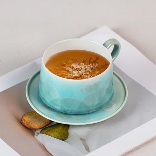 KAMMAK Tea Cups and Saucers Set of 2, 7.5 oz Glaze Coffee Mugs, 726N