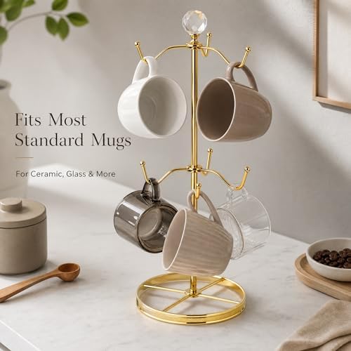 Mug Tree Coffee Cup Holder for Counter Top 6 Hooks(Gold)