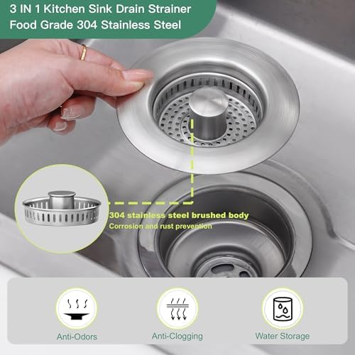 Sink Drain Strainer 3 in 1, 304 Stainless Steel Pop Up Sink Stopper