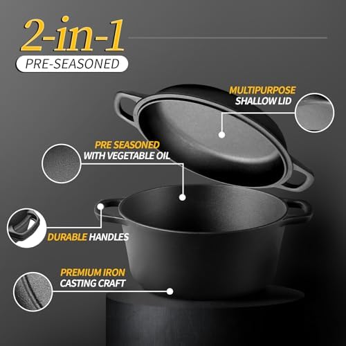 EDGING CASTING 2-in-1 Pre-Seasoned Cast Iron Dutch Oven Pot with