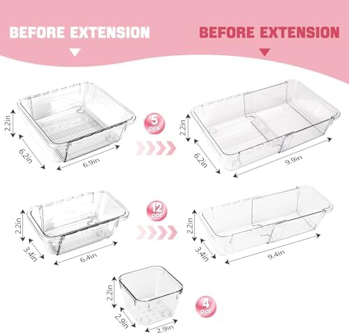 21 PCS Extendable Drawer Organizer Set Clear Stackable Vanity Storage