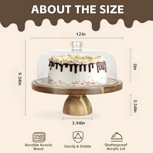Acacia Wood Cake Stand with Acrylic Dome Lid,12 inch Round Dessert
