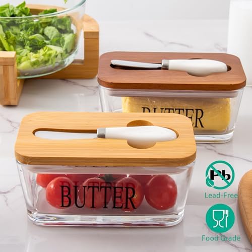 Glass Butter Dish with Acacia Lid & Knife, Covered Butter Holder