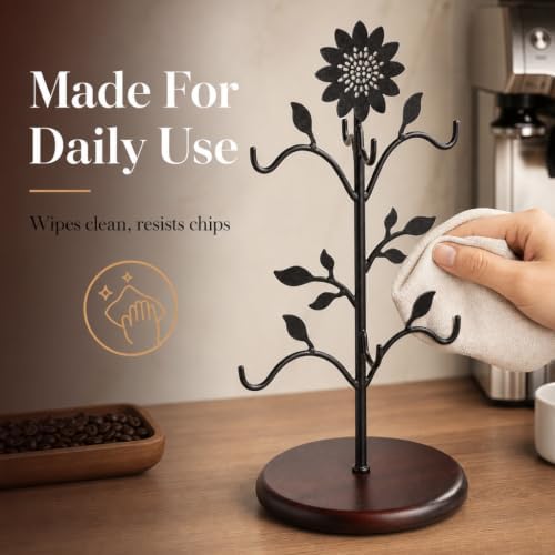 WARMEST SPIRIT Sunflower Coffee Mug Tree, Decorative 6-Hook Black