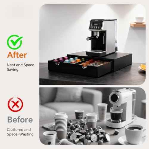 Wooden Coffee Pod Drawer, Compatible with K-Cup and Nespresso Vertuo Pods
