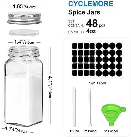 CycleMore 48 Pack 4oz Glass Spice Jars with Metal Caps and Shaker Lid