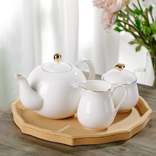 BTaT- Porcelain Creamer and Sugar and Teapot Set, White Cream and