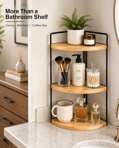 3-Tier Corner Bathroom Countertop Organizer, Solid Pine Wood