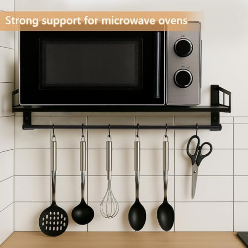 Microwave Wall Shelf, Carbon Steel Rack with Hooks for Kitchen