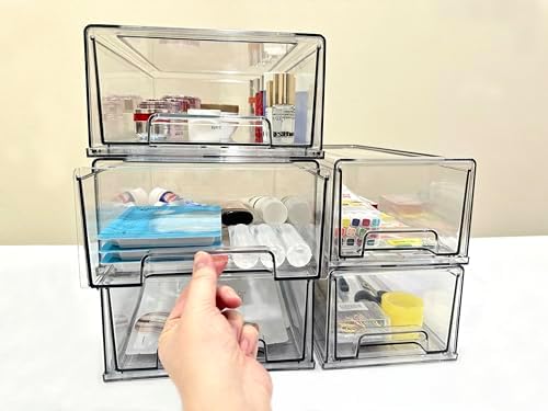 Stackable storage drawers, clear pull-out organizer with handles and
