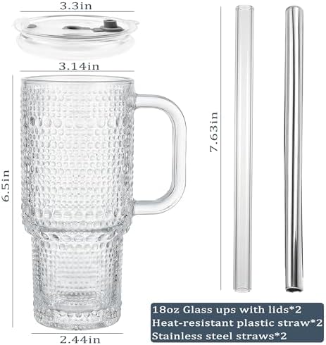 WACOI Thick Hobnail Glass Cup with Lids and Straws 18 oz, 2 Pack