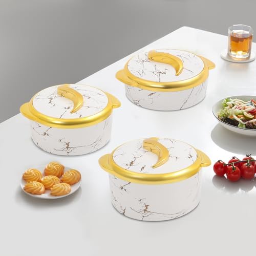 3-Piece 1.5L/2L/2.5L Thermal Dish Set with Lids, Insulated Stainless Steel Container for Hot & Cold Food, Serving Bowl for Buffets/Parties (White, Gold)