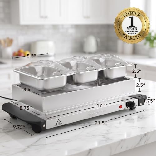 OVENTE Electric Buffet Server and Food Warmer, Three 1.5 Qt, Silver