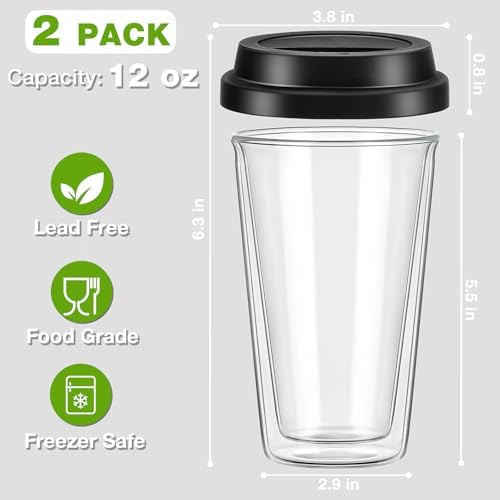 Qipecedm® 2 Packs Double Walled Glass Coffee Mugs with Silicone Lids