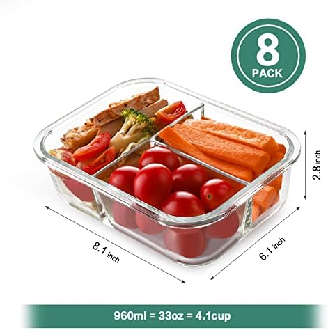 8 Pack 36oz Glass 3-Compartment Meal Prep Containers with Lids