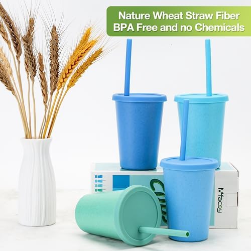 Mfacoy 4 Pack Wheat Straw Cups with Lid and Straws, 10 oz Unbreakable