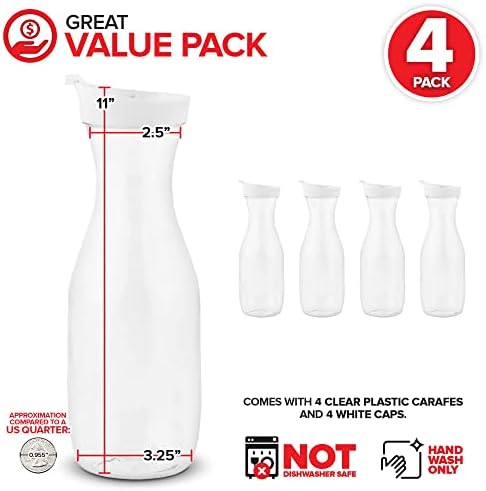Plastic Juice Carafe with Lids (Set of 4) 32 oz Carafes for Mimosa