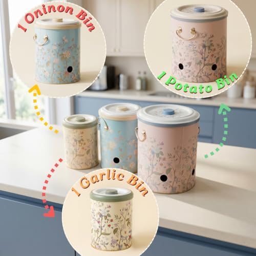 MARIA ROMA Metal Potato and Onion Storage Bin Set of 3 with Garlic